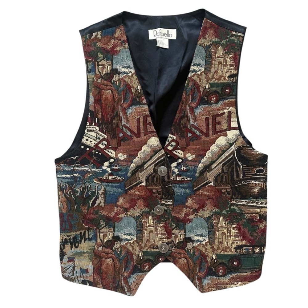 Vintage 90s Tapestry Travel Trains Blanket Themed Academia Vest size Small